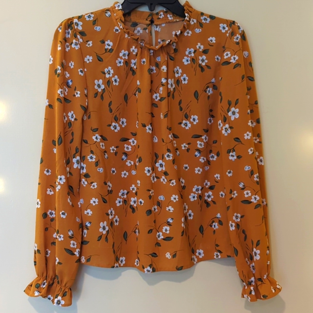 Shein Floral Patterned Long-Sleeve Blouse with Frill Neck and Sleeve, Mustard, S